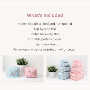 May include: A digital sewing pattern for zippered pouches, featuring text: What's Included, 4 sizes in both quilted and non-quilted, Step-by-step PDF, Photos for every step, Printable pattern pieces, Instant download, Follow on any device or print on A4 or Letter.