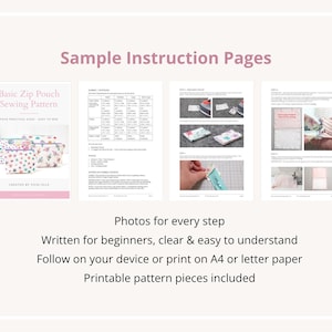 Sample pages from the zip pouch sewing pattern showing the cover, fabric requirements table, and photographed step-by-step instructions.