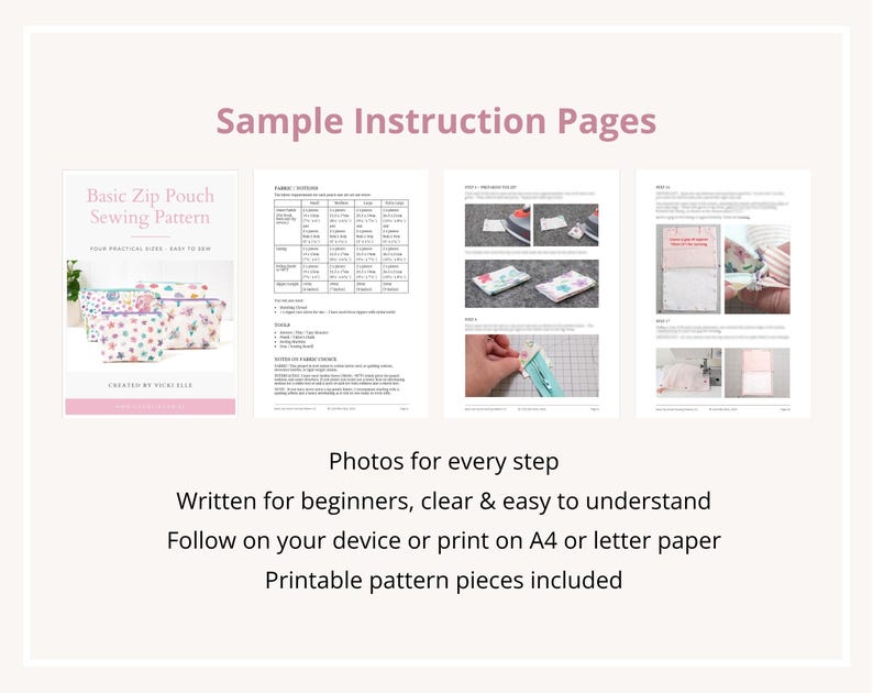 Sample pages from the zip pouch sewing pattern showing the cover, fabric requirements table, and photographed step-by-step instructions.
