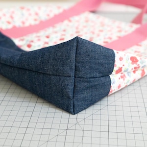 Puede incluir: Un bolso tote que combina tela de mezclilla azul oscuro en la base y los laterales con un panel de tela blanca estampado con un peque&ntilde;o patr&oacute;n floral en rojo y azul claro. El bolso incluye dos correas largas de tela en color rosa s&oacute;lido.