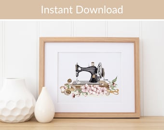 Sewing Room Wall Art: Vintage Sewing Machine, Print at Home Watercolour