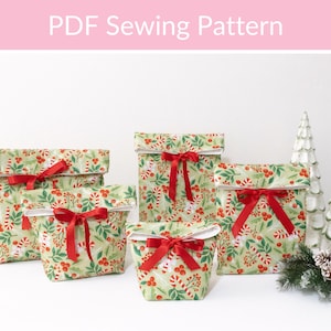 May include: A collection of Christmas gift bags with red bows. The bags feature a green pattern with candy canes, red berries, and green leaves. The text "PDF Sewing Pattern" is visible at the top.