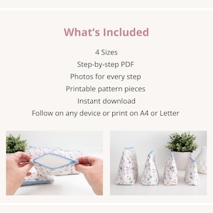 List of what's included with the beginner zip pouch pattern: four sizes, step-by-step PDF, photos for every step, printable pattern pieces, instant download.