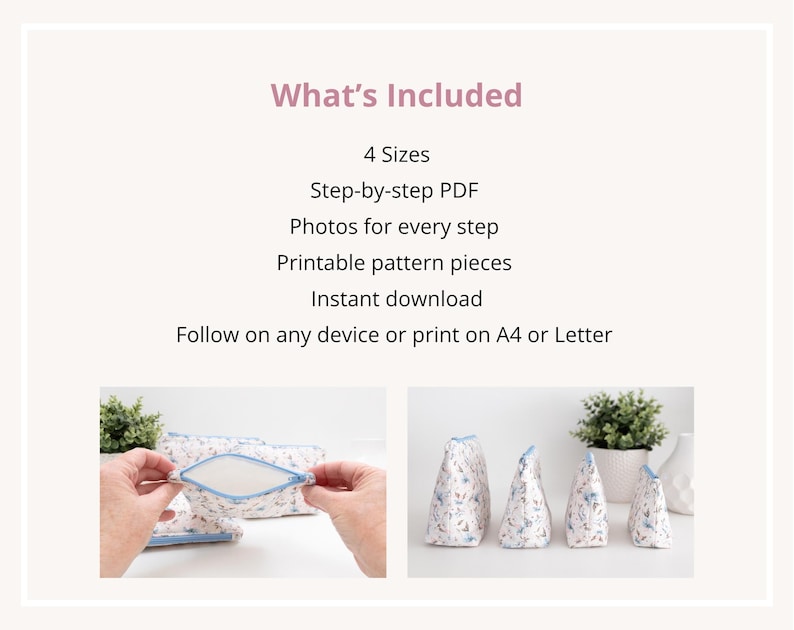 List of what's included with the beginner zip pouch pattern: four sizes, step-by-step PDF, photos for every step, printable pattern pieces, instant download.