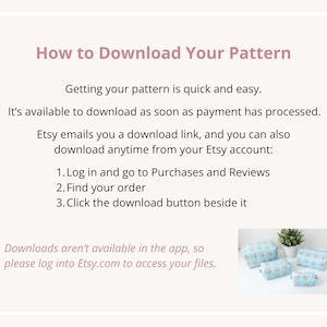 May include: An instructional graphic titled How to Download Your Pattern with text explaining the Etsy download process. It includes a small inset photo of four light blue zippered pouches with a repeating pattern of small orange fruits.