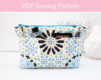 Toiletry Bag Sewing Pattern: Zipper Pouch PDF with Slip Pockets