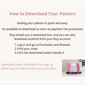 Puede incluir: Un gr&aacute;fico de instrucciones titulado How to Download Your Pattern con texto que explica el proceso de descarga de Etsy. Incluye una peque&ntilde;a foto insertada de un bolso tote con estampado floral, asas rosas y una base azul oscuro sobre una superficie blanca.