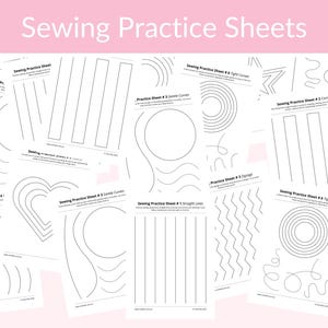 Puede incluir: Un conjunto de hojas blancas de práctica de costura con diseños de líneas negras, incluyendo líneas rectas, curvas, zigzags y círculos. El texto "Sewing Practice Sheets" está en rosa en la parte superior.