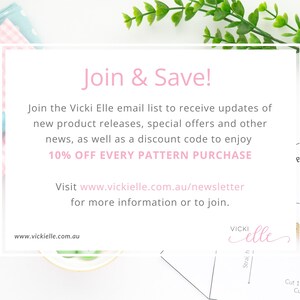 Puede incluir: Una tarjeta rosa y blanca con el texto "Join & Save!" y "10% OFF EVERY PATTERN PURCHASE". La tarjeta tambi&eacute;n incluye la direcci&oacute;n del sitio web "www.vickielle.com.au/newsletter" y el texto "Join the Vicki Elle email list to receive updates of new product releases, special offers and other news, as well as a discount code to enjoy 10% OFF EVERY PATTERN PURCHASE. Visit www.vickielle.com.au/newsletter for more information or to join."