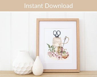 Sewing Room Decor, Printable Wall Art, Craft Room Art, Vintage Sewing Watercolour Art