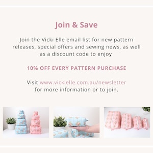 May include: A promotional graphic with the text Join & Save, Vicki Elle email list, and 10% OFF EVERY PATTERN PURCHASE. Below, three images show sets of floral patterned fabric pouches in various sizes, featuring blue and pink color schemes.