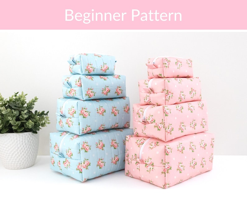 May include: Two stacks of four rectangular zippered pouches in varying sizes. The left stack is light blue with a pink floral and white polka dot pattern. The right stack is light pink with a matching floral and white polka dot pattern. Text reads Beginner Pattern.