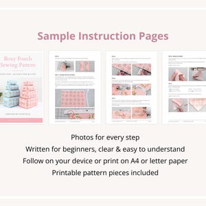 May include: A digital sewing pattern document titled Boxy Pouch Sewing Pattern, featuring sample instruction pages with step-by-step photographs, text descriptions, and diagrams for creating pouches. The document is formatted for A4 or letter paper.