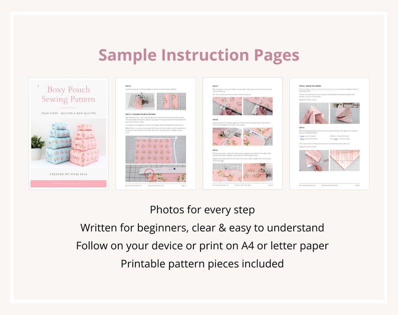 May include: A digital sewing pattern document titled Boxy Pouch Sewing Pattern, featuring sample instruction pages with step-by-step photographs, text descriptions, and diagrams for creating pouches. The document is formatted for A4 or letter paper.