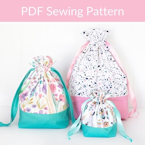 巾着袋の縫製パターン：再利用可能なギフトバッグまたは収納バッグ3個セット（PDF）