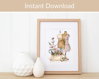 Sewing Room Wall Art: Dressmaker Mannequin with Basket, Print at Home Watercolour