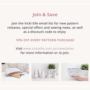 Invitation to join the Vicki Elle email list for ten percent off every pattern purchase.