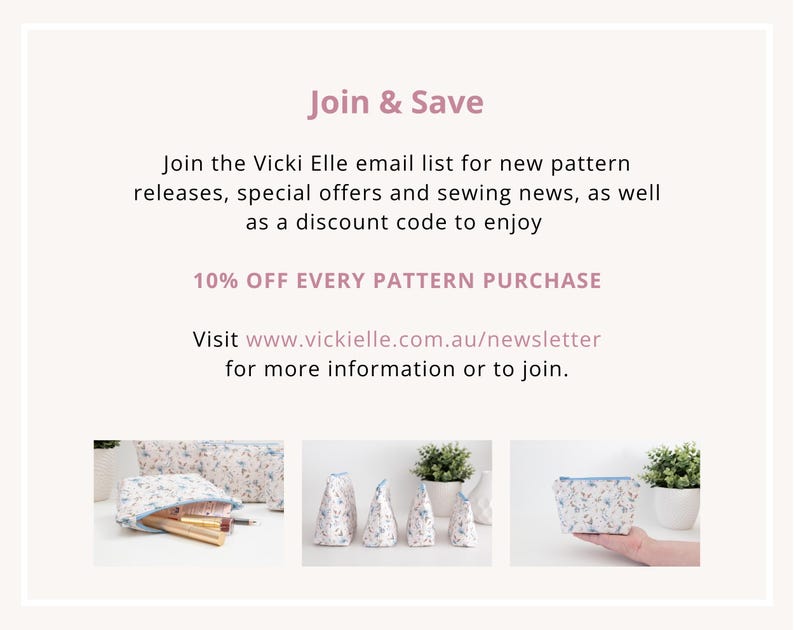 Invitation to join the Vicki Elle email list for ten percent off every pattern purchase.