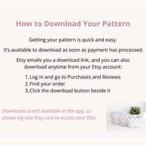 Instructions for downloading the PDF sewing pattern from your Etsy account after purchase.
