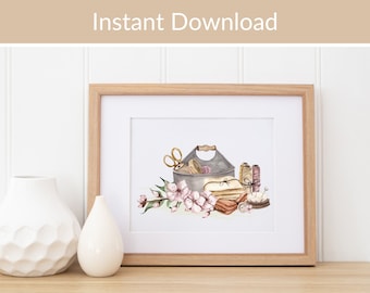 Sewing Room Wall Art: Vintage Caddy with Fabric, Print at Home Watercolour