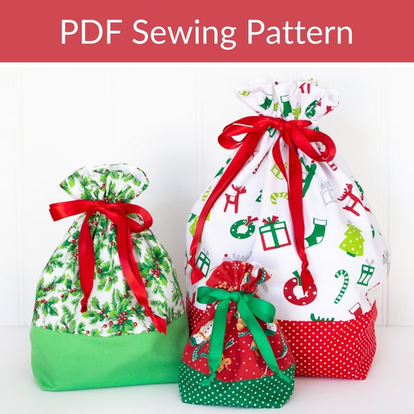 Reusable Christmas Gift Bags, Drawstring Bag PDF Sewing Pattern, Christmas DIY, Christmas Sewing Patterns, Christmas Gift Ideas