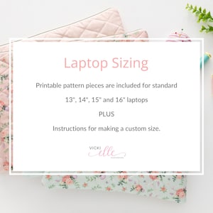 K&ouml;nnte beinhalten: Drei Laptop-H&uuml;llen in Rosa und Blumenmustern. Der Text auf dem Bild lautet "Laptop Sizing" und listet Gr&ouml;&szlig;en f&uuml;r 13", 14", 15" und 16" Laptops sowie Anweisungen f&uuml;r Sondergr&ouml;&szlig;en auf.