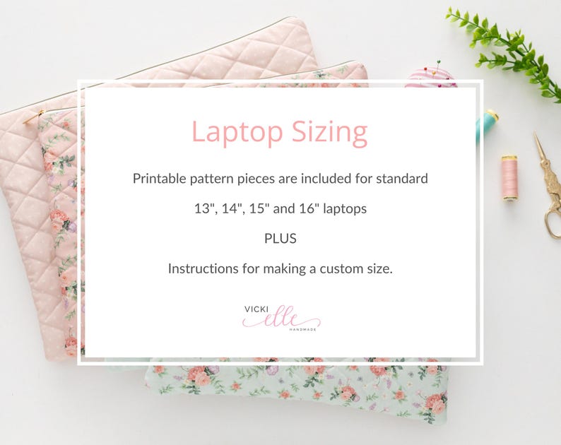 K&ouml;nnte beinhalten: Drei Laptop-H&uuml;llen in Rosa und Blumenmustern. Der Text auf dem Bild lautet "Laptop Sizing" und listet Gr&ouml;&szlig;en f&uuml;r 13", 14", 15" und 16" Laptops sowie Anweisungen f&uuml;r Sondergr&ouml;&szlig;en auf.