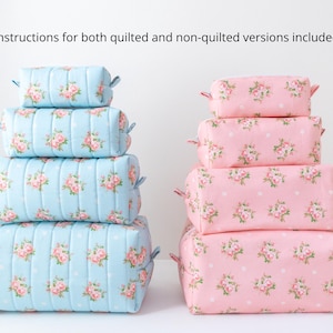 May include: Two stacks of four rectangular zippered pouches in varying sizes. The left stack features light blue fabric with a floral pattern and vertical quilting. The right stack features pink fabric with a floral pattern and white polka dots. Text reads: Instructions for both quilted and non-quilted versions included.