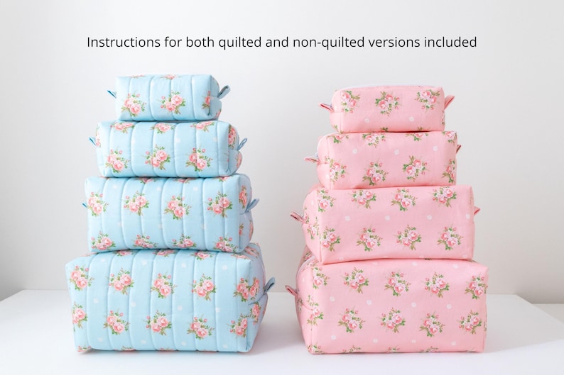 May include: Two stacks of four rectangular zippered pouches in varying sizes. The left stack features light blue fabric with a floral pattern and vertical quilting. The right stack features pink fabric with a floral pattern and white polka dots. Text reads: Instructions for both quilted and non-quilted versions included.