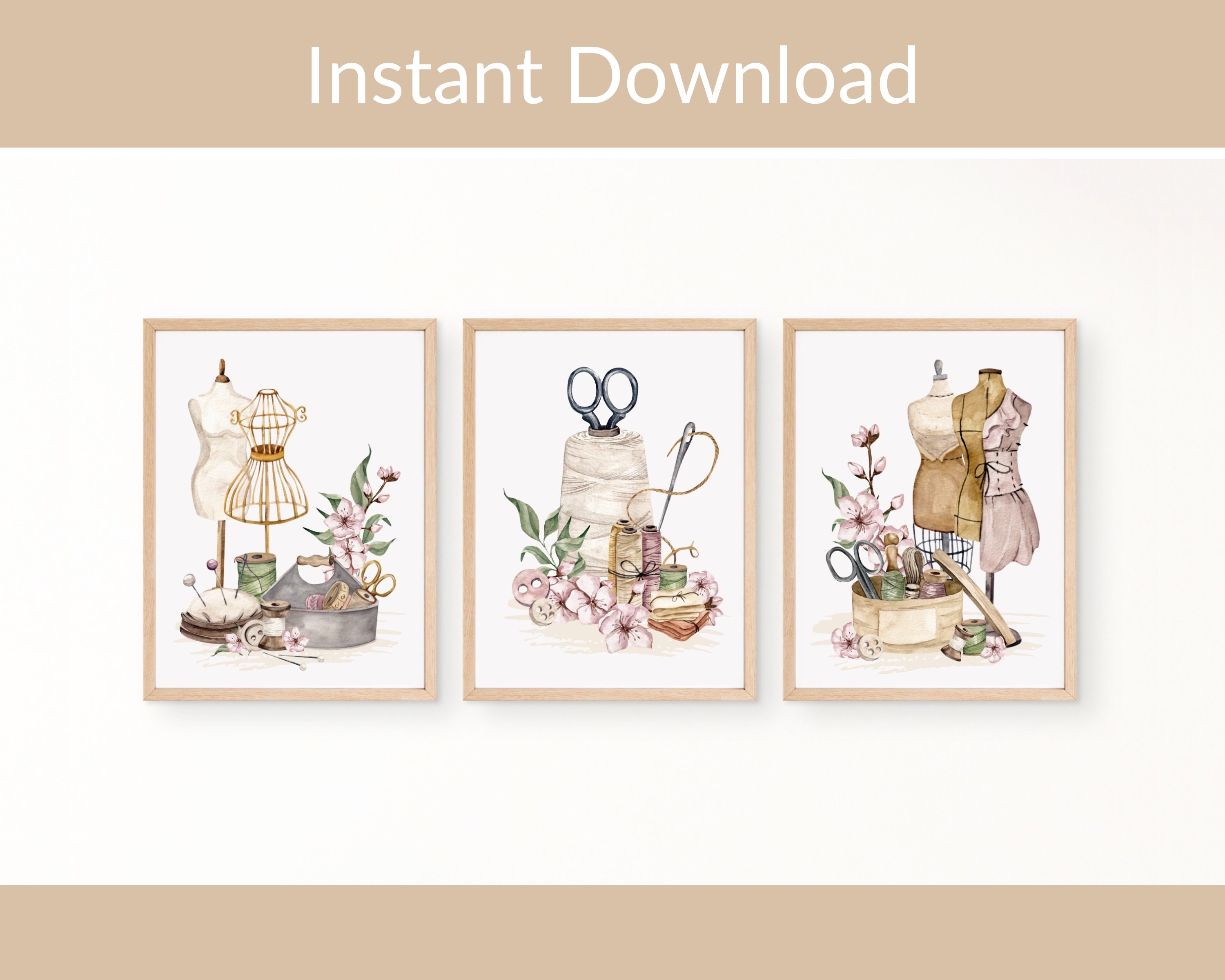 Set of 3 Sewing Printable Wall Art, Print at Home Sewing Room Wall Art, Sewing Room Decor, Craft Room Art, Vintage Sewing Watercolour Art