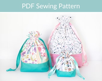 Set van 3 tassen met trekkoord PDF naaipatroon, eenvoudig naaipatroon voor beginners, doe-het-zelf verjaardagscadeauverpakking, stoffen opbergzakken