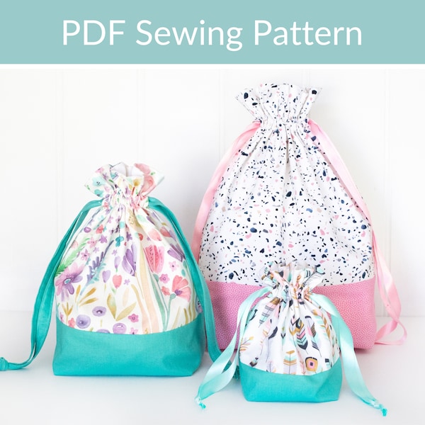 Set of 3 Drawstring Bags PDF Sewing Pattern, Easy Sewing Pattern for Beginners, DIY Birthday Gift Wrapping, Fabric Storage Bags