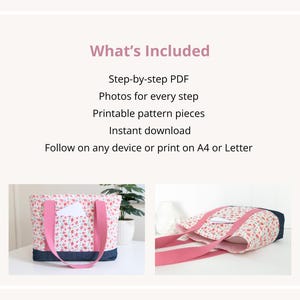 Puede incluir: Un patr&oacute;n de costura digital para un bolso con el texto What's Included, Step-by-step PDF, Photos for every step, Printable pattern pieces, Instant download, Follow on any device or print on A4 or Letter. Incluye fotos del bolso floral.
