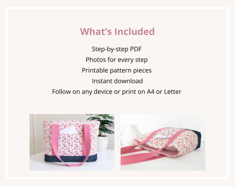 Puede incluir: Un patr&oacute;n de costura digital para un bolso con el texto What's Included, Step-by-step PDF, Photos for every step, Printable pattern pieces, Instant download, Follow on any device or print on A4 or Letter. Incluye fotos del bolso floral.