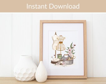 Printable Sewing Room Wall Art: Vintage Dress Form Mannequin Watercolour