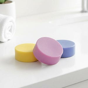 May include: Three colorful, round soaps in yellow, lavender, and blue are arranged on a white countertop. A rolled white towel and a small potted succulent are in the background. The soaps have a smooth, solid appearance.
