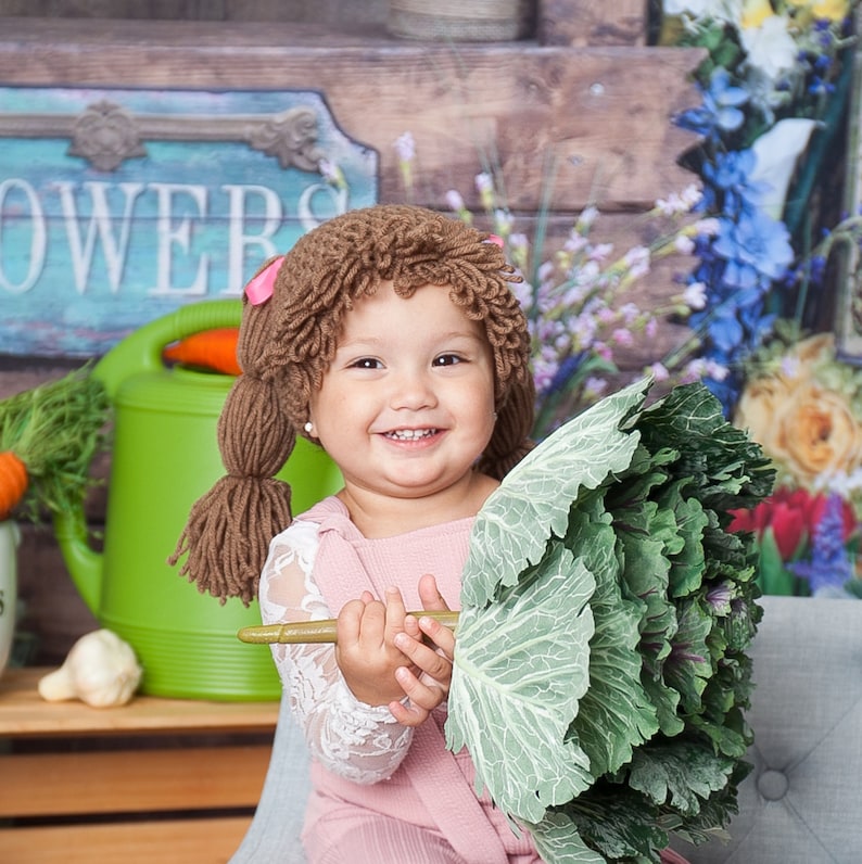Handmade crochet cabbage patch wig, designed to resemble the hair of a Cabbage Patch Kids doll. Cabbage patch hat for warm halloween costume. Cafe Latte Color.