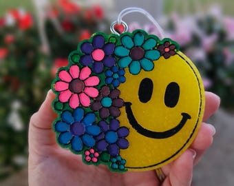 Floral Smiley Freshie | Hand Painted Car Freshener | Retro Flower Freshie