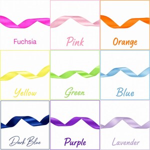 Op de afbeelding: Een raster van negen satijnen linten in fuchsia, roze, oranje, geel, groen, blauw, donkerblauw, paars en lavendel. Elk vierkant toont een golvend lint met de bijbehorende kleurnaam in een bijpassende lettertypekleur eronder gedrukt.