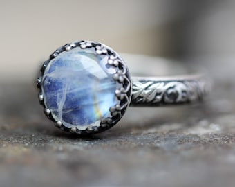 Rainbow Moonstone Ring* Solid Sterling Silver*  Vines Band* Witchy Jewelry* Full Moon Ring