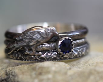 Conjunto de anillos de cuervo * Nunca más * Anillos apilables de zafiro * Anillo Poe * Hécate * Plata esterlina maciza