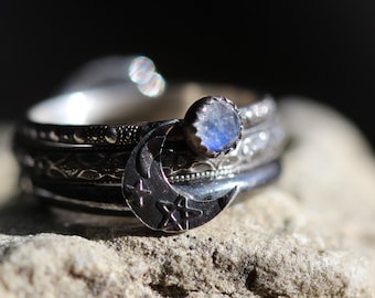 Celestial Ring * Stacking Ring Set * Moonstone Ring  * Solid Sterling* Moon Rings  3  Any Size