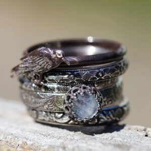 Raven Ring * Solid Sterling Silver * Stacking Ring Set of 5 * Witchy Jewelry *  Moonstone * NEVERMORE Morrigan  * Any Size