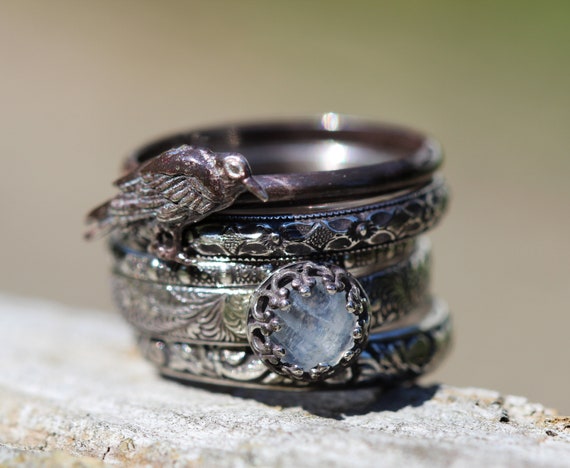 Raven Ring Set* Nevermore * Full Moon * Halloween Jewelry * Rainbow Moonstone * Any Size