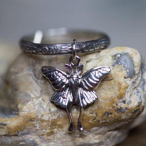 Luna Moth Charm Ring: Sterling Silver Floral Band, Fidget Jewelry