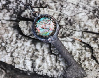 Hekate Skeleton Key * Casket Key Necklace with Opal *Sterling Silver Chain * Hecate Talisman