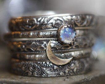 Moonstone Ring * Solid Sterling Silver * Stacking Ring Set of 5 *  Witchy Jewelry *  Any Size