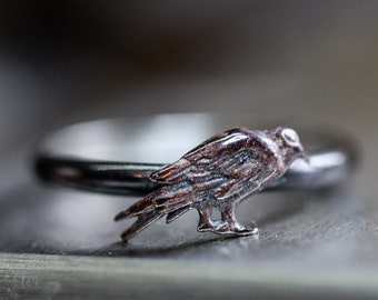 Raven Ring* Solid Sterling Silver * Stacking Band *  Edgar Allan Poe Bird Jewelry* Any Size
