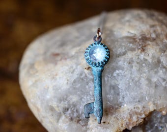 Skeleton Key Necklace * Hecate Casket Key* Rainbow Moonstone* Sterling Silver Chain