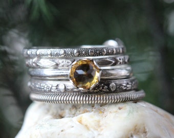 Citrine Ring Set *Solid Sterling Silver*AA Grade Genuine Citrine* Stacking Ring * Dots Eyes Plain FMF Peacock Patterns * Set of 5 * Any Size